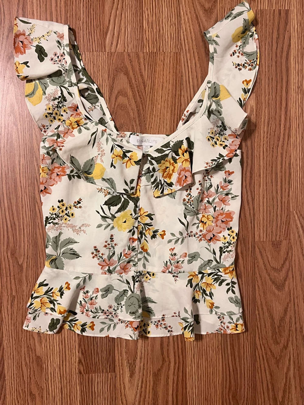 Sugarlips Cream Floral Ruffle Peplum Camisole with Yellow and Pink Flowers